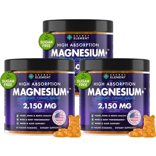 Secret Element Magnesium Glycinate 2150MG Gummies for Women and Men, High Absorption Magnesium Glycinate, Citrate, Malate, Sugar Free, Vegan, 60 Chews, Pack of 3, Orange