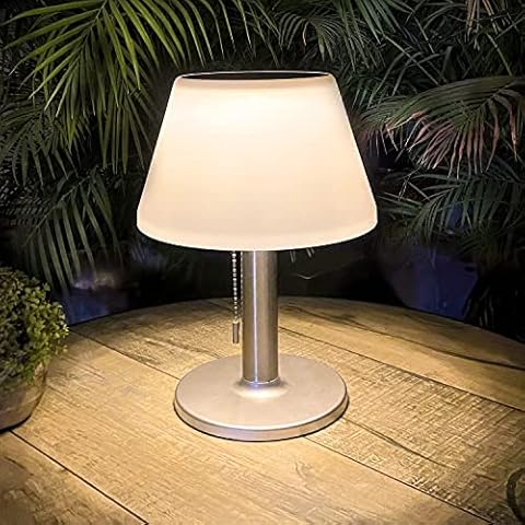 Solar LED Tischlampe Dimmbar mit Zugschalter, Edelstahl Kabellos Tischleuchte Akku 3 Beleuchtungsmodi Außen Wasserdicht Solar-Schreibtischlampe Cover