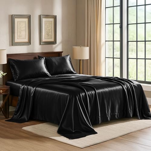 Pure Bedding Satin Sheets King [4-Piece, Black] Hotel Luxury Silky Bed Sheets - Extra Soft 1800 Microfiber Sheet Set, Wrinkle, Fade, Deep Pocket Fitted Sheet, Flat Sheet, Pillow Cases