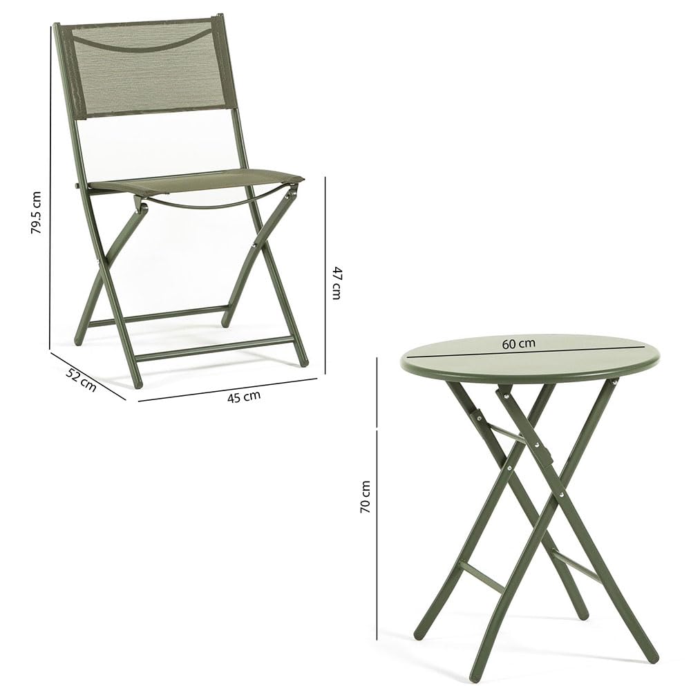 UBERTI. Set Bistrò Pieghevole Balcone Tavolino Rotondo Metallo 2 Sedie Metallo Textilene Verde Oliva