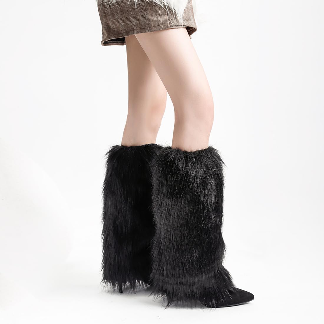 Guêtres femme,Anneaux de jambe Jambières en peluche, Jambières en fourrure pour femmes, Poignets longs, Jambières d'hiver pour femmes (Noir 45CM)