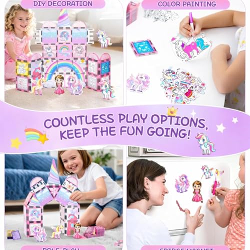 Image of 50 PCS Magnetic Tiles Princess Castle Building Set for Kids | Window Art Magnetic Blocks with Figures & Unicorn | STEM Educational Construction Toy for Girls Boys Age 3+
