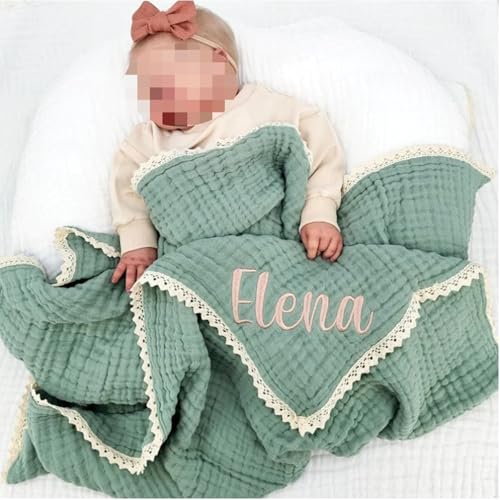 Personalized Blanket Customize Name 6 Layers Muslin Swaddle Wrap Cotton Baby Blankets Lace Receiving Blanket Newborn Bath Towel (Customized)
