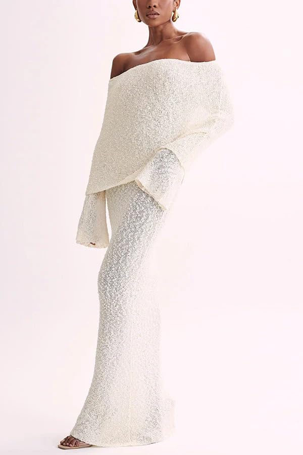 Women Sexy Off Shoulder Maxi Dress Long Sleeve Knit Crochet Bodycon Ruched Mesh Beach Vacation Party Sweater Dresses2