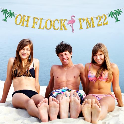 Image of Oh Flock I'm 22 Banner, Glitter Happy 22nd Birthday Anniversary Party Decorations, Pineapple Party Decor, Hawaiian Luau Tropical Aloha 22 Theme Party Photo Props