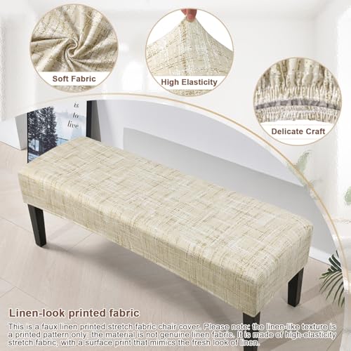 Image of SearchI Dining Bench Cover, Stretch Washable Long Bench Seat Covers, Rectangle Dining Table Bench Slipover for Dining Room, Living Room, Kitchen(Beige Linen-Look Print)
