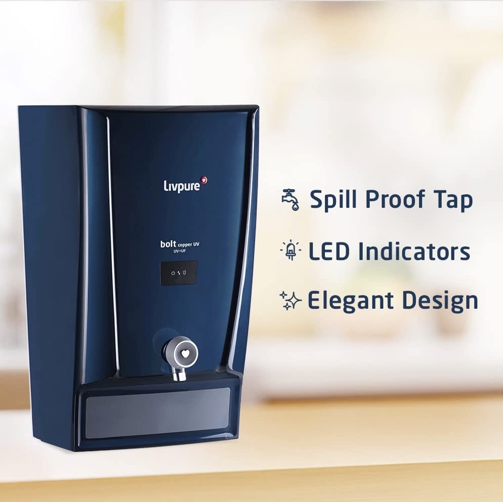 Livpure Bolt Water Purifier with features: Spill Proof Tap, LED Indicators, Elegant Design