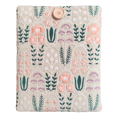 Zosiana Designs Floral Embroidered Canvas Book Sleeve - Elegant Book Cover, Padded Protector for Paperbacks & Hardcovers, Ideal for Book Lovers, Wooden Button (Garden)