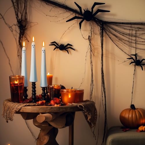 Image of Halloween Ghost Flameless Taper Candles Flickering Battery Operated with Remote and Timer 3D Wick White Real Wax LED Taper Candles Halloween Dinner Decoration Indoor(2 Pack, 0.79 inchD x 9.5 inchH)