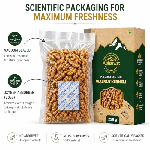 Image of Apharwat Kashmiri Walnut Kernels Without Shell | Light Halves Grade | 250g | Single Origin Kashmir | Vacuum Sealed + Oxygen Absorber | Akhrot Giri | Source of Natural Plant Oils | Fresh Crop