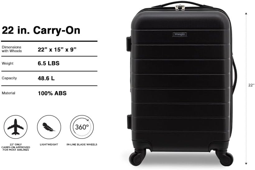 Wrangler Smart Spinner Hardside Luggage, 22-Inch Carry-On, Black Carry-On Only Black