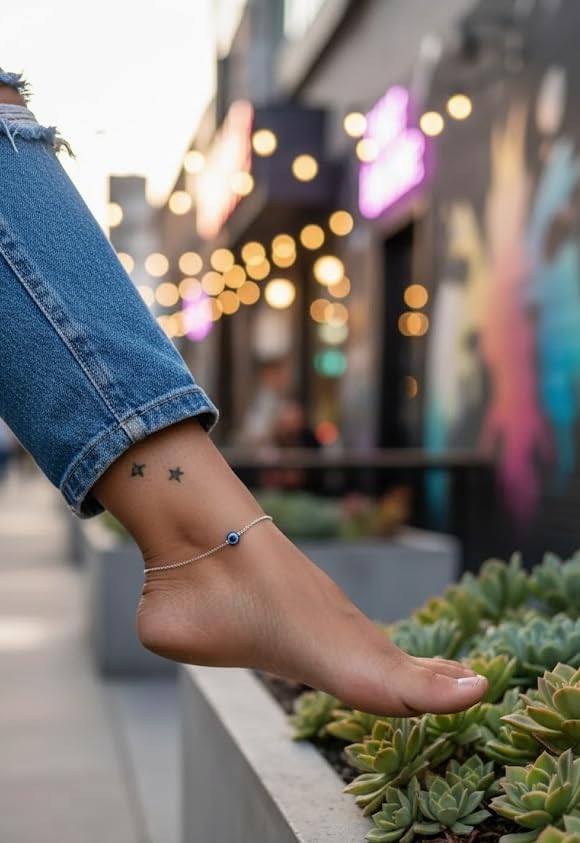 Image of High Trendz Evil Eye Anklet for Women & Girls | Silver Plated Nazar Charm Anklet | Adjustable Minimal Foot Jewellery | Gift for Birthday, Rakhi, Valentine