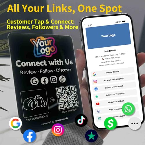 Image of Custom Review Tap Card Stand for Google & Social Media Sign (2 Pack)-Review & Follow Us Sign for Google, Instagram, Facebook, TikTok, Booking & More - NFC Tap & QR Scan to All Links- No App, No Fees