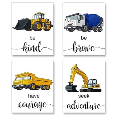Construction Truck Picture Cartoon Construction Transport Vehicles Wall Art - Canvas Funny&Inspirational Words Poster Painting for Nursery or Kids Boy Room Home Decor - Set of 4 Posters (Unframed,8"X10")