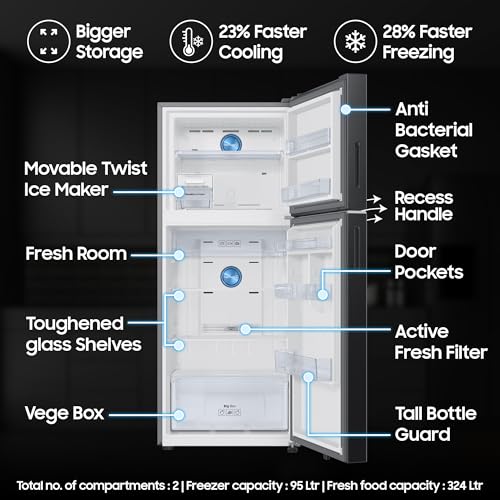 Image of Samsung 419 L, 3 Star, Convertible 5-in-1, Digital Inverter, Frost Free Double Door, Bespoke AI WiFi Refrigerator (RT45HG6A43B1HL, Black DOI, 2026 Model)