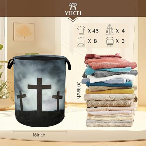 Image of Three Wood Crosses Laundry Hamper,Easter Collapsible Laundry Baskets,Waterproof Oxford Cloth Laundry Room Organization for Bedroom,Bathroom,Nursery,16x20 Inch