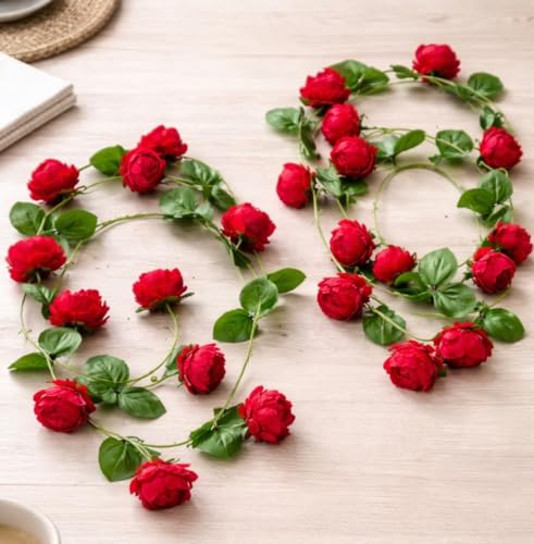 Image of SATYAM KRAFT 2 Lines Artificial Cherry Blossom Rattan Flowers Wall Hanging Flower Decor - Perfect Rose Garland for Home, Office, Wedding, Festival, Ganpati Decoration (2, Peony line Red)