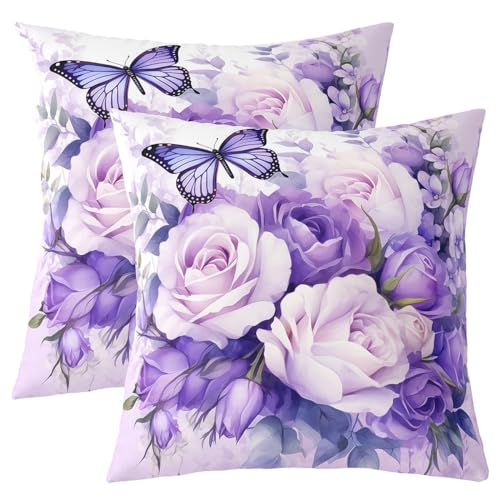 Feelyou Purple Rose Throw Pillow Covers 18"x18" Set of 2 Purple Butterfly Cushion Case for Girls Women Flower Floral Decorative Pillowcase Flower Plants Home Decor -  WBY189TFR-KD_45x45x2