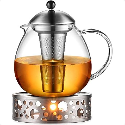 glastal 1500ml Silberne Teekanne mit Stövchen Teebereiter Glas und Edelstahl Teewärmer Teekanne Suit Cover