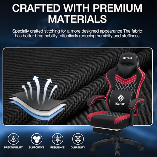 HOFFREE Gaming Chair Computer Chair Fabric with Pocket Spring Cushion Massage Game Chair with Footrest Ergonomic Gamer Chair with Lumbar Support Reclining Gaming Chairs for Adults Red and Black の商品画像 7