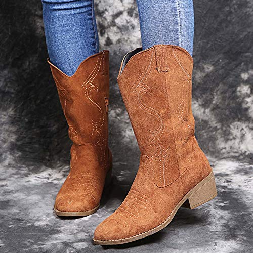 Hbeylia Cowboy Boots For Women Boho Embroidered Suede Wide Calf Western Cowgirl Boots With Side Zipper Bohemian Retro Chunky Low Heel Mid Calf Riding Boots Dress Winter Shoes For Ladies2