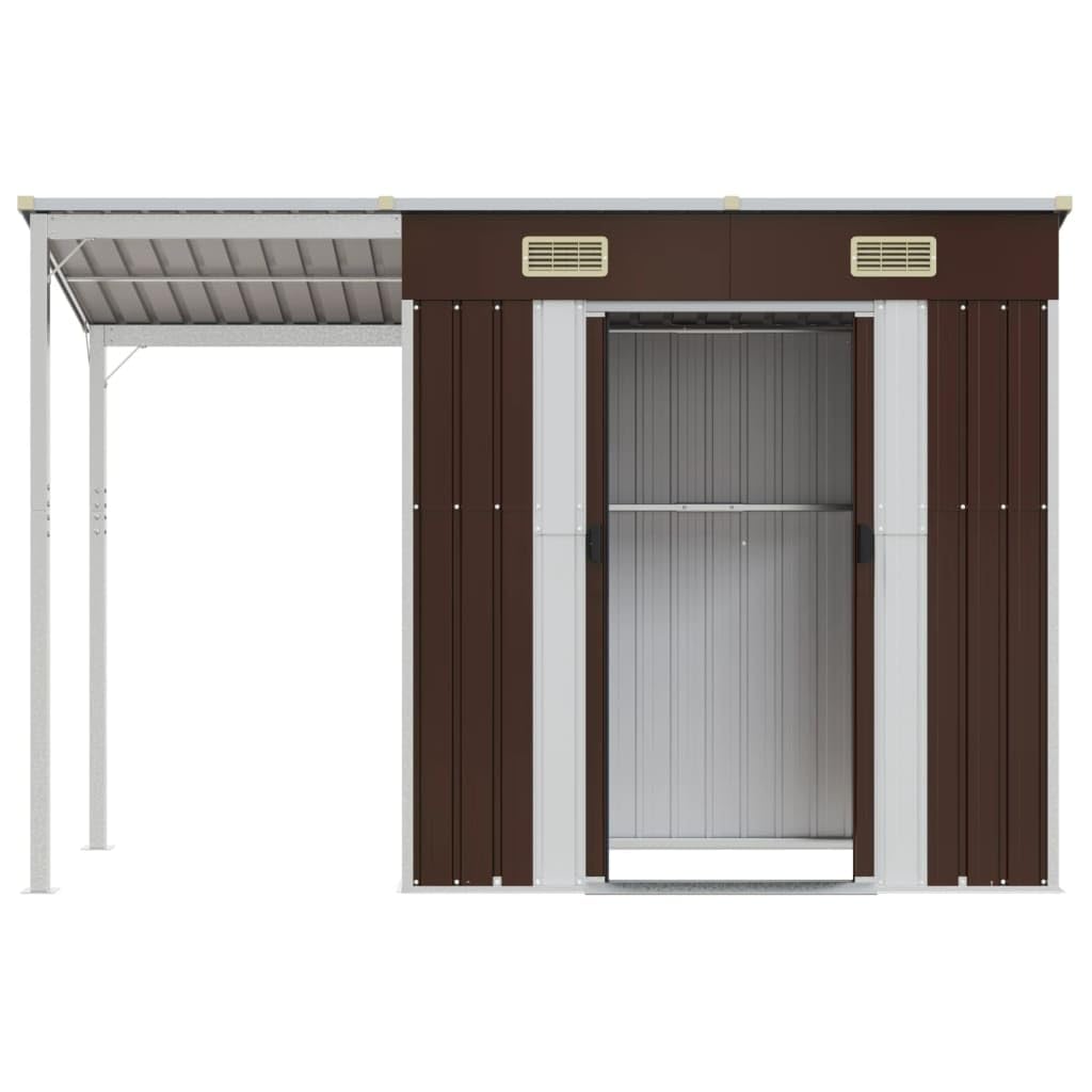 Domek ogrodowy z przedłużonym dachem brązowy 277x110,5x181 cm stal, domek ogrodowy, domek do przechowywania ogrodu, domek na narzędzia ogrodowe