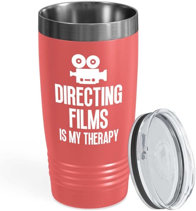 Filmmaker Coral Tumbler 20oz - Directing films is therapy - Filmmaker Gifts Camera Lens Cut Prop Director Movie Film Scriptwriter
