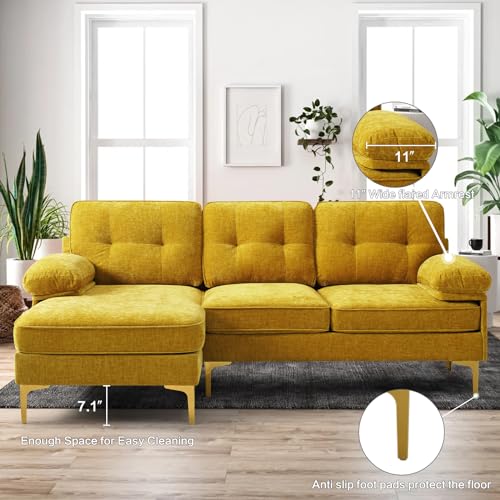 EASELAND 82\" L-Shape Sofa with Reversible Chaise Lounge, Convertible Sectional Sofa Couch, Chenille Modern Sofa Couch for Living Room, Apartment and Office, Removable Cover (Yellow) - Thumbnail 5