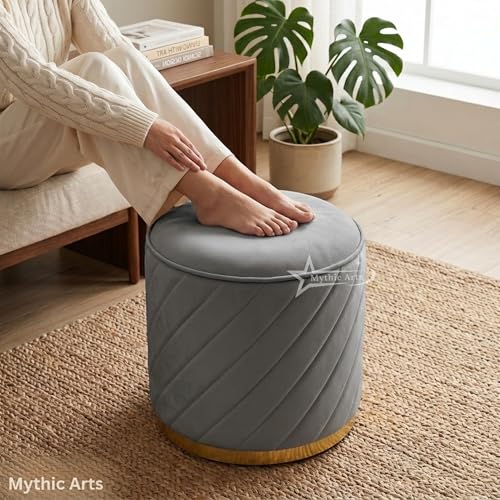 Image of Ottoman Stool, Puffy Stool, Sitting Stool, Modern Upholstered Round Ottoman, Dressing Table for Living-Grey