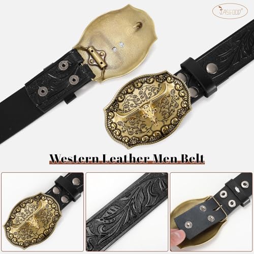 JASGOOD Western Leather Cowboy Belt for Men Women Longhorn Buckle Cowgirl Belt Floral Engraved Embossed Unisex Belt for Jeans3