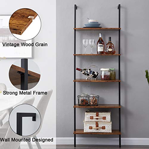SUPERJARE Industrial Ladder Shelf, 5-Tier Wood Wall-Mounted Bookcase with Stable Metal Frame, 72 Inches Storage Rack Shelves Display Plant Flower, Stand Bookshelf for Home Office - Rustic Brown