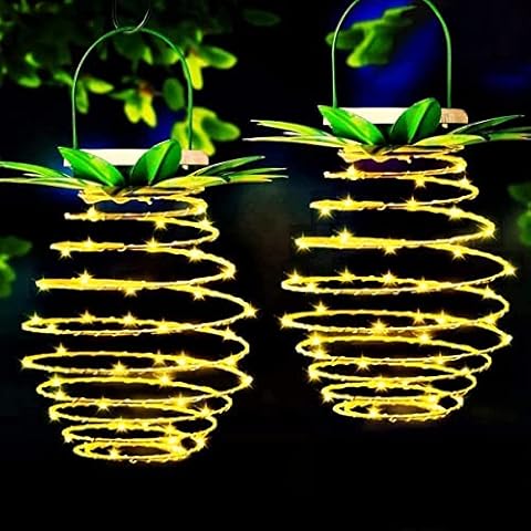 MZD8391 2Pack 60LED Pineapple Solar Lights Outdoor, Waterproof Hanging Solar Lantern, Dusk to Dawn Sensor Solar Lights for Yard Garden Driveway Porch Walkway Patio Decoration, Warm White (Upgraded) Cover