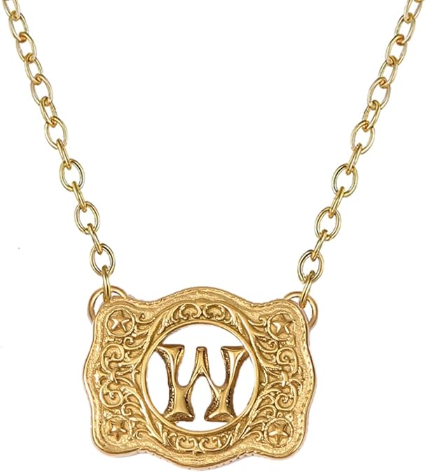 14K Gold Belt Buckle Necklace Western Style Initial Letter Pendant Necklace, Decorative Belt Buckle Frame Design