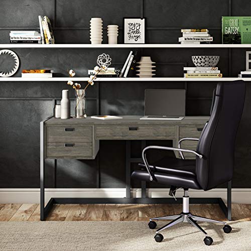 SIMPLIHOME Hampden SOLID ACACIA WOOD Modern Industrial 60 Inch Wide Desk in Weathered Grey, For the Office Desk, Writing Table, Workstation and Study Table