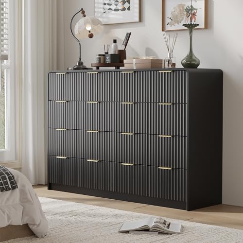 HOUROM Rustic 8 Drawer Dresser for Bedroom, Modern Farmhouse Wood Dresser with Vintage Black Antique Handle, Double Chest of Drawers for Hallway, Antique Black