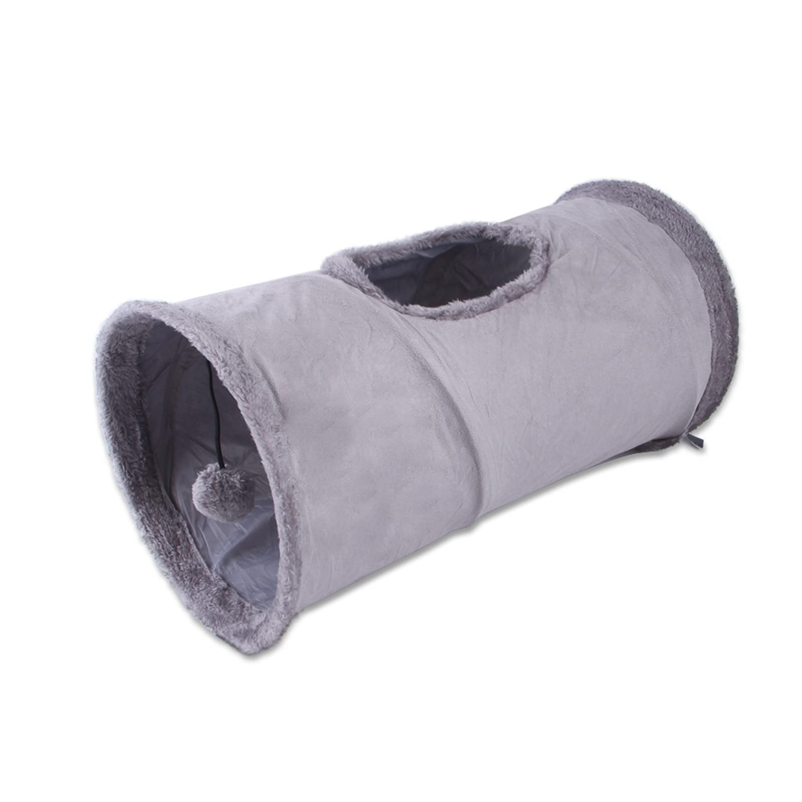 Faltbar Katzentunnel Katzenspielzeug mit Ball Spieltunnel Knisternder Rascheltunnel Aus Wildleder für Alle Katzen Kaninchen Welpen und Kleine Tiere,Mit Hängendem Lustiger Katzenstock(Grau)