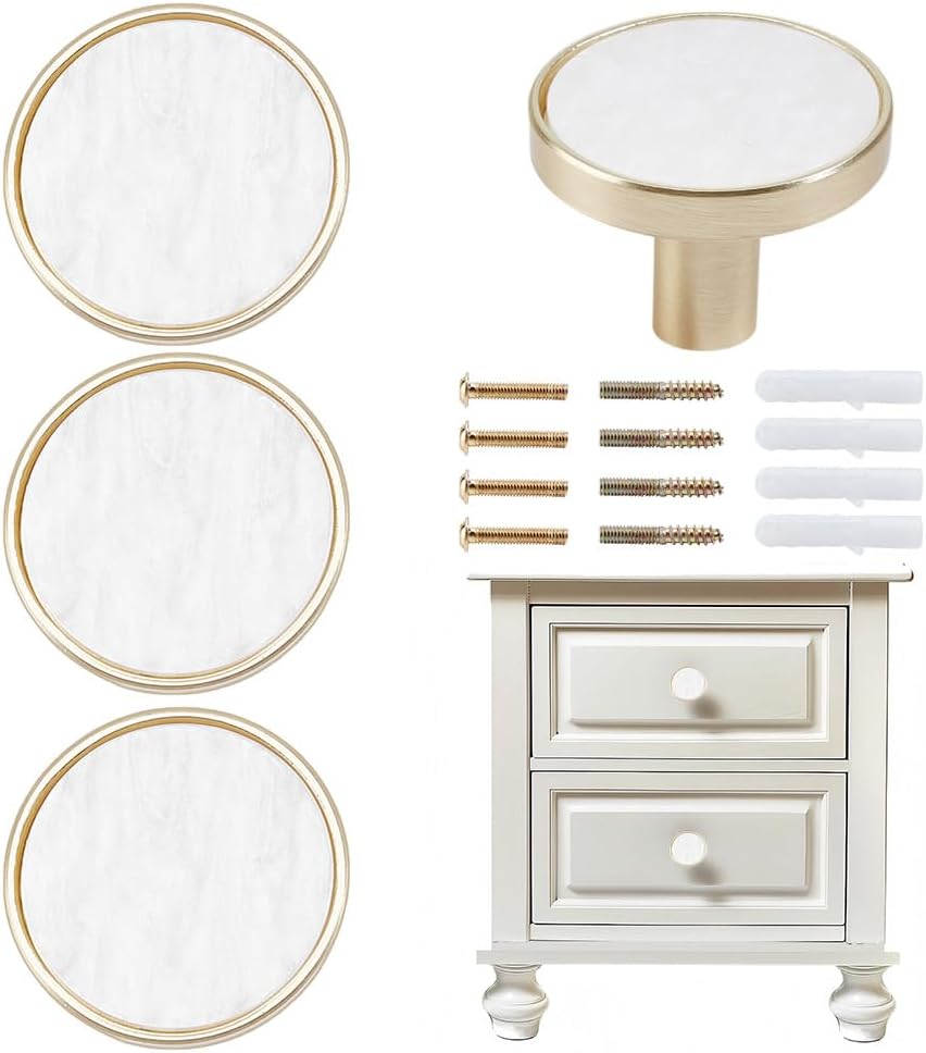 4 Packs Drawer Knobs Gold Dresser Knob Zinc Alloy Pulls Handles Mother of Pearl Furniture Knobs Accessories for Kitchen Cabinet Dresser Drawers Door Decorative,1.2" Diameter,White