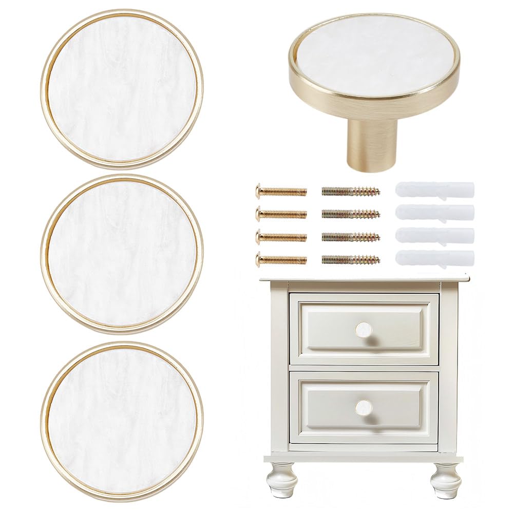 DELORIGIN 4 Packs Drawer Knobs Gold Dresser Knob Zinc Alloy Pulls Handles Mother of Pearl Furniture Knobs Accessories for Kitchen Cabinet Dresser Drawers Door Decorative,1.2" Diameter,White
