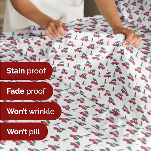 King Christmas Christmas Cars Sheet Set - Holiday Xmas Pattern Bedding Set - Deep Pockets - Snug Fit - 4 Piece - Wrinkle Free - Cooling Comfy Festive Winter Holiday Sheets for Women, Men, Kids & Teens