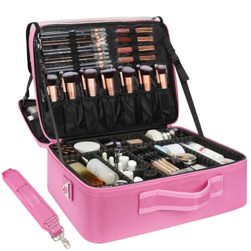 Relavel Extra Large Makeup Case, Makeup Artist Bag with Dividers, Rose Pink