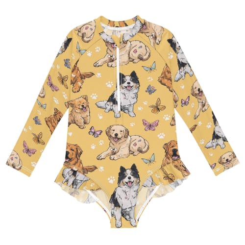 Dog Butterfly Pattern Girls Long Sleeve Swimsuit Rash Guard One Piece Bathing Suits Zipper 3-12T