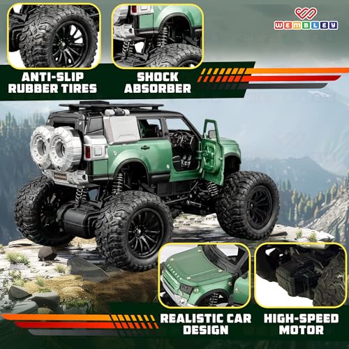 Image of Wembley Remote Control Car for Kids 4-12 Years, 1:18 RC Monster Truck 2WD with Dual Spray Smoke, LED Lights, 2.4GHz Long Range Remote Car, Alloy Body Off Road Toy Car, Rechargeable Type C SUV (Green)