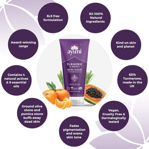Ayumi Turmeric Body Scrub | Brightening Body Scrub with Papaya Extract | Revitalises Dull & Dehydrated Skin | Hydrating Cleanser with Argan Oil | Scrub for Women & Mens Skincare Rituals |200 ml - Image 3