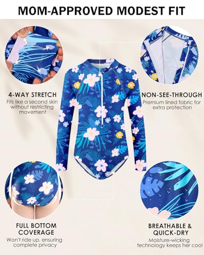 Image of Century Star UPF 50+ Girls Long Sleeve Swimsuit - Rash Guard Swimsuit Toddler Kids Teen One Piece Bathing Suit Zip 2-15Y