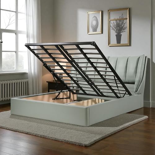 Image of The Attic Rivera Modern Queen Size Hydraulic Storage Bed with Soft Cushion Headboard Sage Green