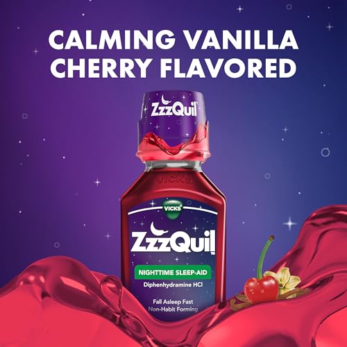 Image of ZzzQuil Liquid Sleep Aid, Diphenhydramine 50mg HCl, Calming Vanilla Cherry Flavored, Nighttime Sleep Aid Liquid, Sleep Aids for Adults, 12 Fl Oz (Pack of 6)