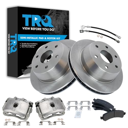 Image of TRQ Rear Brake Pad and Rotor Set Semi Metallic Calipers Compatible with 2002-2006 Cadillac Escalade Chevrolet Avalanche 1500 Suburban 1500 Tahoe GMC Yukon 2003-2006 Yukon XL 1500