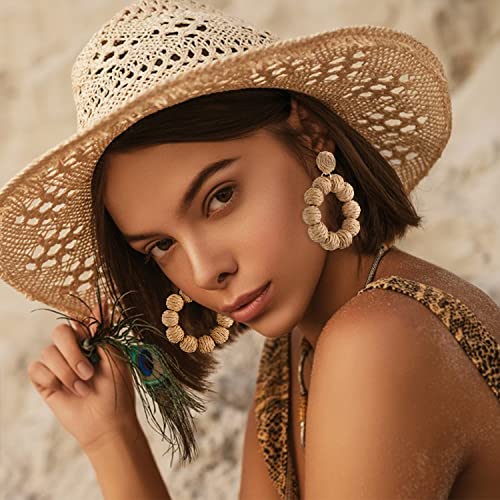 Statement Raffia Earrings For Women Girls Boho Rattan Ball Hoop Dangle Earrings Handmade Bohemia Braid Straw Wicker Raffia Wrapped Drop Earrings Summer Beach Earrings Jewelry #TOP2