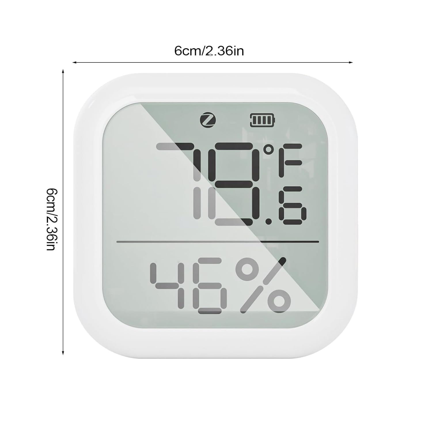 Image showing the dimensions of the digital hygrometer, indicating it is 6cm or 2.36 inches square.