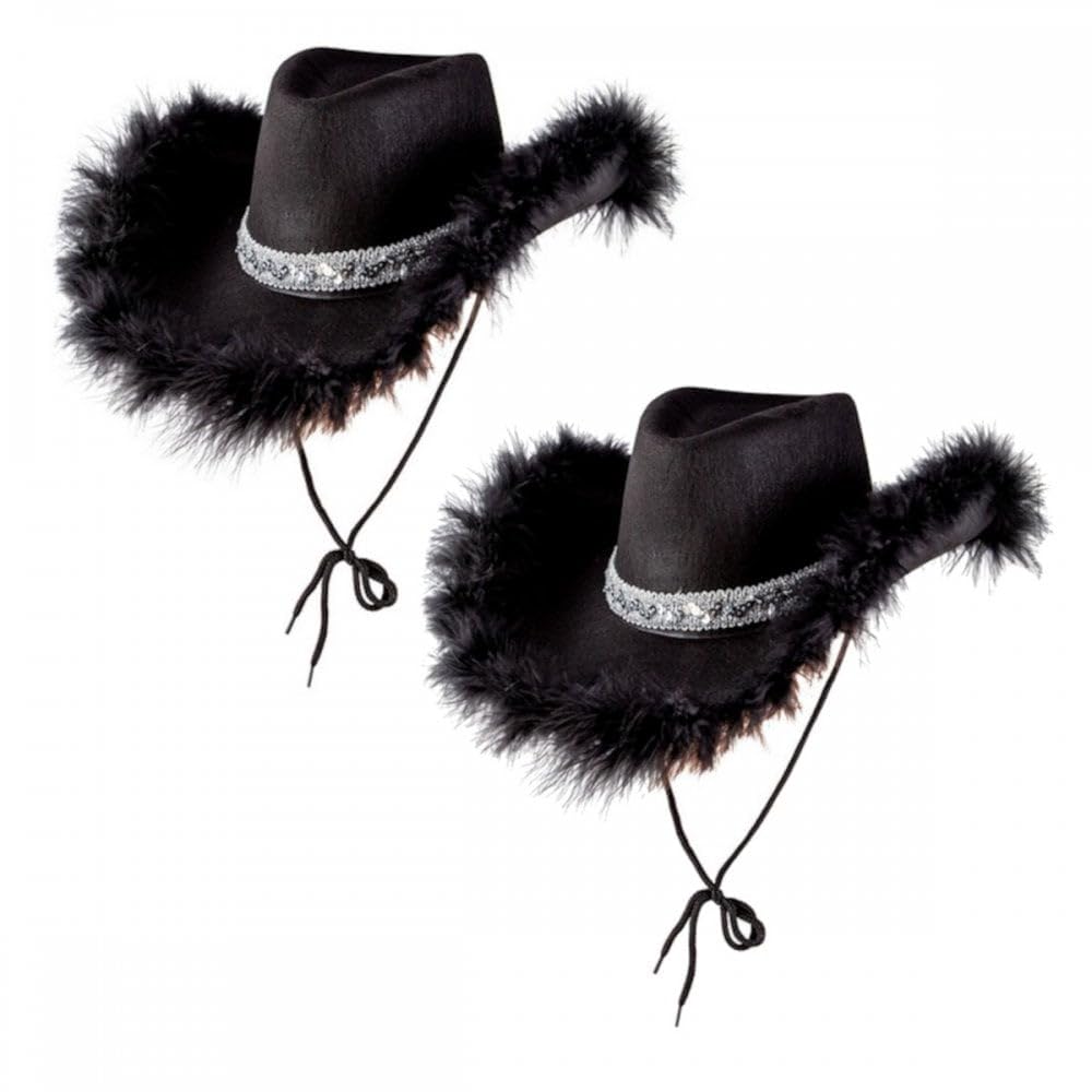 2 Pack Cowgirl Hats (Multiple Options) : Adult Ladies Womens Western Wild West Hen Night Music Festival Barn Dance Rodeo Fancy Dress Cowboy Costume Accessories (Sequin & Marabou Feather, Black,Black)